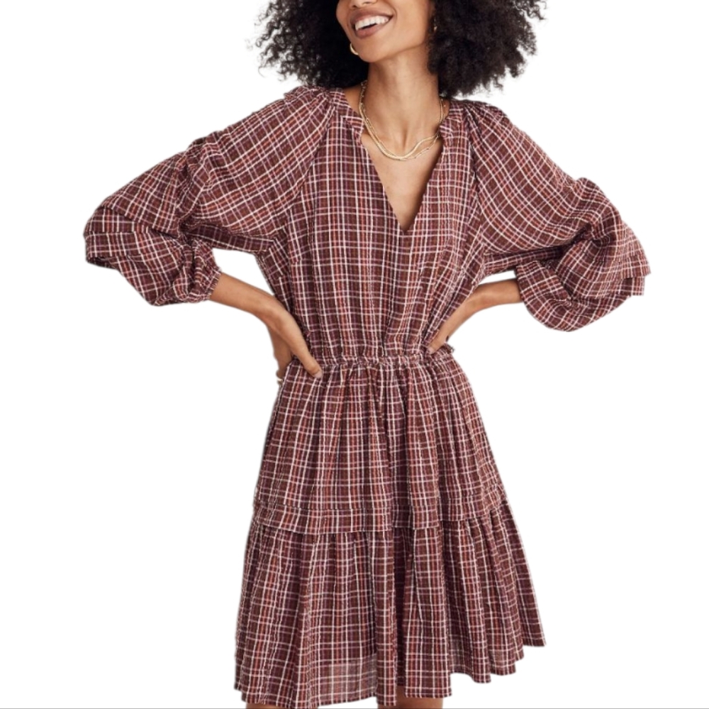 Madewell Seersucker Wrap Mini‎ Dress Red Plaid Cotton Tiered Long Sleeve XS